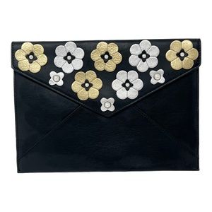 REBECCA MINKOFF BLACK LEATHER,SILVER & GOLD FLORAL APPLIQUÉ LEO ENVELOPE CLUTCH